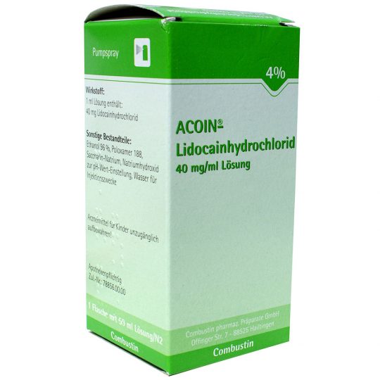 ACOIN lidokain-hidroklorid 40 mg/ml oldat Mit tartalmaz az Acoin lidokain-hidroklorid 40 mg/ml oldat A készítmény hatóanyaga a lidokain-hidroklorid-monohidrát. 1 ml oldat 40 mg lidokain-hidrokloridot tartalmaz (lidokain-hidroklorid-monohidrát formájában). Egyéb összetevők: poloxamer 188, nátrium-szacharin, nátrium-hidroxid a pH beállításához, 96%-os etanol, tisztított víz. Milyen típusú gyógyszer az Acoin lidokain-hidroklorid 40 mg/ml oldat és milyen betegségek esetén alkalmazható? Az Acoin Lidocaine Hydrochloride 40 mg/ml oldat helyi érzéstelenítő: -a fül és az orr területén végzett sebészeti és diagnosztikai beavatkozások előtt, -szövetek eltávolítására (biopszia) a szájüregből és a torokból, -a légcső és a tüdő reflexióira (bronchoszkópia) és -kontrasztanyag beadása utáni felső légúti röntgenvizsgálatokban (bronchográfiák).